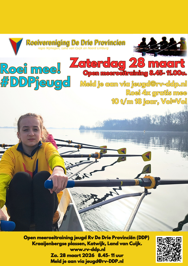 Open meeroeitraining bij de jeugd en junioren (10 t/m18 jaar) van roeivereniging De Drie Provinciën.
